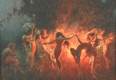 a painting of women dancing around a fire