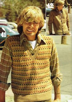 PDF men's knitting pattern. From 1981, a classic knitting pattern for a men's sweater vest and matching cardigan.  Please scroll through above pictures to find out more information on sizes, materials & needles used! Originally printed in England, instructions are in English only. Found the pattern you love but it's not in your size? Not to worry! Check out By Gum By Golly's series on her blog about resizing vintage patterns. - http://blog.bygumbygolly.com/2011/02/briar-rose-vintage-kal-resizing Vintage Knitwear Men, 60s And 70s Fashion Men, 1980s Fashion Mens, 80s Clothes Men, Mens Knitted Vest, Knitting Patterns Sweater, 70s Sweater Vest, Mens Vest Pattern, 1980s Mens Fashion