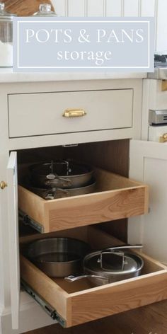 pots and pans are stored in the bottom drawer