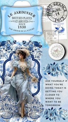 a blue and white collage with an image of a woman in a dress on it