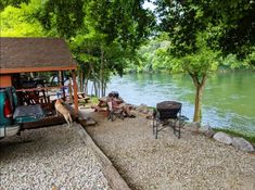 there is a picnic area next to the water with people and dogs sitting in chairs