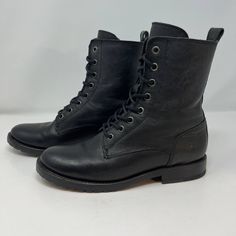 Frye Natalie Women's Genuine Leather Combat Boots. Tagged Size 6.5b. 1 Inch Heel. Black In Color. In Preowned Condition With Minimal Signs Of Wear. Some Wear On The Bottom Of The Heel (As Pictured). Offers Welcome! Tags: Boots, Combat Boots, Black, Neutral, Minimal, Genuine Leather, Leather, Lace Up, Modern, Goth, Winter, Summer, Spring, Fall. Womens Leather Combat Boots, Frye Shoes, Moto Boots, Combat Boots, Leather Women, Genuine Leather, Lace Up, Women Shoes, Boots