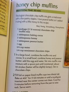 an open book with instructions for making honey chip muffins