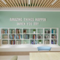 there is a book shelf with many books on it and the words amazing things happen when you try