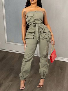 Verde militar Casual Collar sin mangas Tela tricotada Liso Más Embellished No-Elástico Shein Baddie Outfits, Style Jumpsuit, Hoodie And Sweatpants, Fashion Eyeglasses, Women's Shapewear, Baddie Outfits Casual, Outfits Casual, Casual Street Style, Baddie Outfits