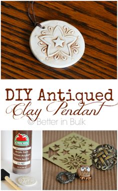 an image of some crafting items and the words, diy antique clay pendants better in bulk