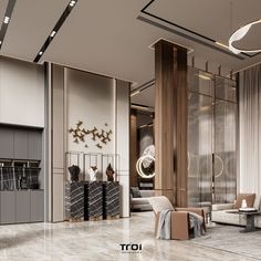 an elegant living room with marble floors and high ceilings, is pictured in this rendering