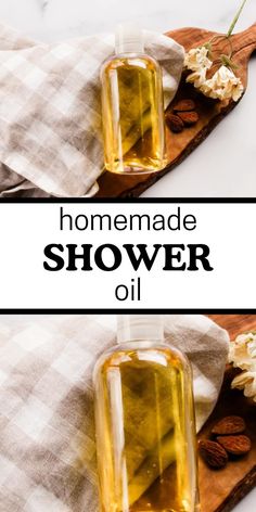 homemade shower oil on a cutting board with flowers