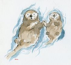 two otters playing in the water with their paws on each other's back