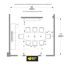 the floor plan for a conference room with tables and chairs, including an office desk