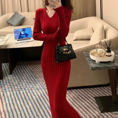 Olivia Mark - Red Collar Wool Knitted Dress Coat for Layering with Bodycon Skirt Dresses Autumn, Wool Knitted Dress, Retro Coat, Knitting Sweater, Autumn Winter 2024, Bodycon Skirt, Elegant Casual, Dress Coat, Knitted Coat