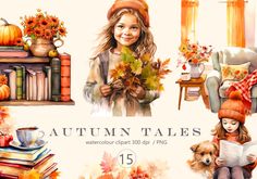 autumn tales watercolor clipart set with pumpkins, books, flowers and girl