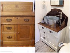 an old fashioned wooden dresser with a metal pan on it's front and side