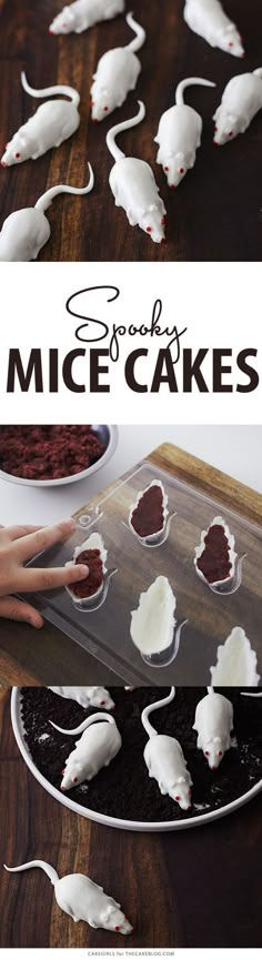 someone is decorating mice with white icing and red velvet on the cake pan