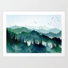 watercolor painting of mountains and trees with birds flying over them in the sky above