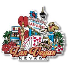 the las vegas nevada sign is shown in red and blue, with casino symbols on it