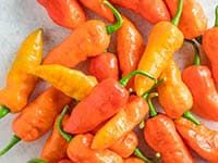 there are many orange and yellow peppers on the table