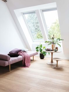 a room that has some plants in the corner and a couch with a blanket on it