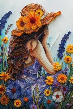 a painting of a woman with sunflowers on her head in the middle of flowers