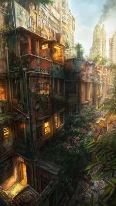 an old city with lots of windows and plants growing out of the top of it