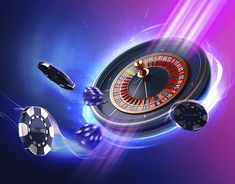 a casino rouleet surrounded by dices and gambling chips on a blue background