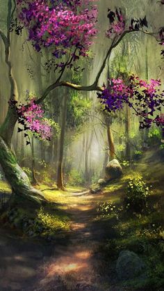 a painting of a path in the woods with purple flowers on trees and rocks under it