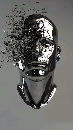 a man's head is surrounded by black and white confetti on grey background