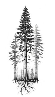 a black and white drawing of trees with roots