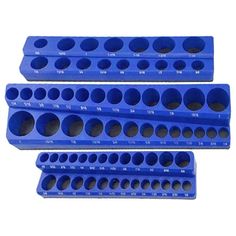 three blue plastic holes with holes on each side and one hole in the middle, for measuring