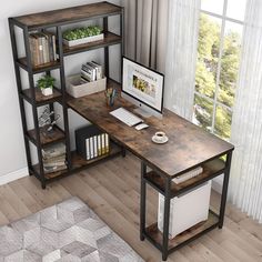 a computer desk sitting on top of a hard wood floor next to a book shelf