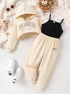 Apricot Casual Collar   Letter  Embellished Medium Stretch  Young Girls Clothing Nice Outfits, Simple Trendy Outfits