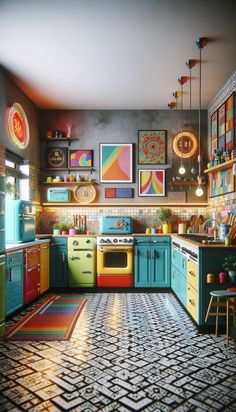 a kitchen with colorful appliances and pictures on the wall