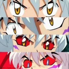 four different images of anime eyes with yellow and red colored irises in the center