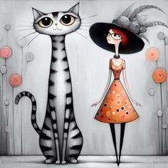 a painting of a cat and a woman with a hat standing next to each other