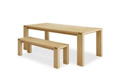 a wooden table with two benches next to it