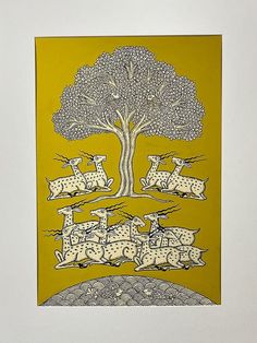 a yellow and white painting with animals in the grass under a tree on top of a hill