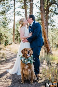 a bride and groom kissing their dog in the woods