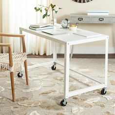 a white table with wheels on it in front of a chair and desk next to a window