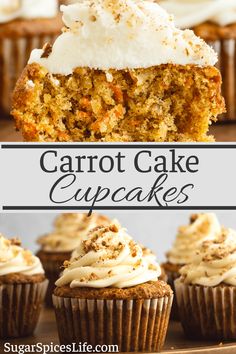 carrot cake cupcakes with cream cheese frosting on top