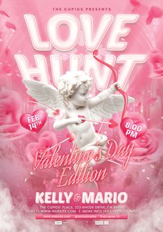 love hunt valentine's day flyer with an angel holding a bow and heart balloons