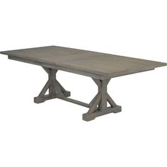 a wooden table with two crossed legs and a grey finish on the top, against a white background