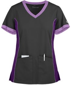 The Butter-Soft Scrubs by UA™ Women's Color Block V-Neck Scrub Top features a relaxed fit with a contrast color curved v-neck and sleeve trim. It has princess seams on the front and back for a flattering fit and contrast side panels and piping. For storage, it has two roomy front pockets, both with concealed inside pockets for smaller items. Side slits provide ease of mobility. Fabric is made up of 65/35 poly/cotton. Medical Uniforms, Medical Scrubs, Princess Seams, Curves Workout