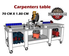 an image of a workbench with tools on it and the text carpenters table 70cm x 80cm