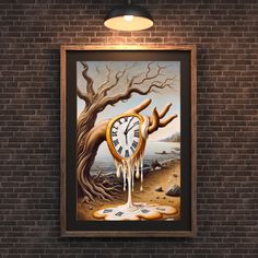 a clock hanging on a brick wall next to a tree with melting paint dripping from it