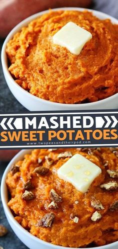 two bowls filled with mashed sweet potatoes and topped with butter