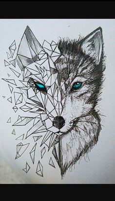 a drawing of a wolf's head with blue eyes and geometric shapes on it