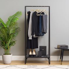 a rack with clothes and other items on it next to a plant in a living room