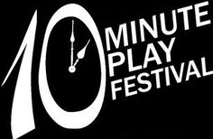 the 10 minute play festival logo is shown in white on a black background with an oval clock