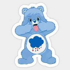 a blue teddy bear sticker with hearts on it's chest and tongue sticking out