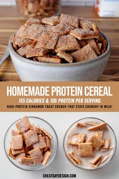 homemade protein cereal in two bowls with the words homemade protein cereal on top and below